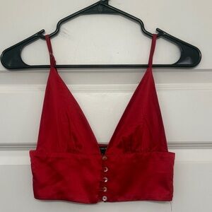 Red Satin Button-Up Crop Top